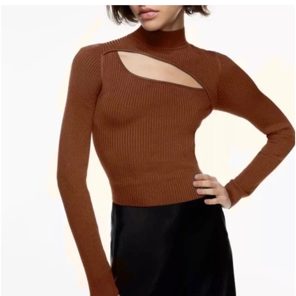 NWOT Aritzia Babaton Imprint Ribbed Mock Neck Sweater Top Epicurean Brown L - Picture 1 of 9